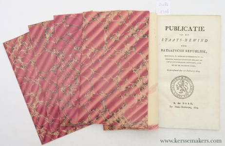 Publicatie van het Staats-Bewind der Bataafsche Republiek, 1) betrekkelyk de wyze van invordering en onderzoek naar den opbrengst der agt-en vyf-en-twintigjarige heffingen, over dit en de volgende jaren. Geärresteerd den 17 February 1803. - 2) betrekkelyk het fournissement der afkoops- of waarborgs-penningen in comptanten, in de departementen Holland en Utrecht, enz. Geärresteerd den 31 Mey 1803. - 3) houdende een ampliatie der publicatie van den 17 February 1803 wegens de fournissementen in de 8 en 25 jarige heffingen, in qualiteit. Geärresteerd den 24 Juny 1803. - 4) houdende intrekking van het verbod, by de Publicatie van het Uitvoerend Bewind, de dato 25 July 1799, betreffende het betalen met nationale coupons in 's lands lasten, enz. Geärresteerd den 29 July 1803. - 5) houdende bepalingen wegens te doene fournissementen, by anticipatie, onder korting, in de 2 perCts heffing op de bezittingen, geärresteert den 8 Augustus 1803. — (Hultman)