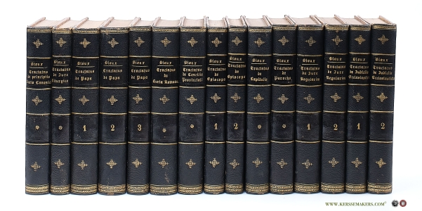 Institutiones juris canonici in varios tractatus divisae [ 7 volumes in 15 bindings ] 1: De principiis juris canonici [ Editio secunda ] 2. De jure liturgico [ Editio tertia, cui accessit pars quinta, 1873 ] 3-5. Tractatus de Papa um et De Concilio Oecumenico [ 1869 ] 6. Curia Romana [ 1859 ] 7. Concilio provinciali [ Editio Secunda 1862 ] 8-9. De Episcopo [ Editio secunda 1873 ] 10. De Capitulis [ Editio secunda 1862 ] 11. De Parocho [ Editio secunda 1867 ] 12-13. Jure Regularium [ Editio secunda 1867 ] 14-15. Judiciis Ecclesiasticis [ Editio secunda 1866 ]. — Bouix, D.