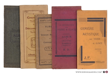 Publicity material with examples of engraved and decorated glass windows and panels by anonymous firms: 1) Album G.B. Gravure sur verres et glaces. Lille, c. 1910. Printed by J. Verschave-Hourquin, Roubaix. 50 leaves (4 folding: tryptichs) with examples in art nouveau style. - 2) J. F.. Gravure artistique sur verre et glace. Bruxelles, Impr. V. Ernult-Doncq, c. 1920. 91 numbered plates on 86 leaves, designed by J. F. - 3) H.D.. La décoration sur verre & glace. Album de gravure moderne. Bruxelles, Impr. V. Ernult-Doncq, c. 1920. 10 leaves with examples. - 4) O.D. & F.. Album pour la gravure artistique et commerciale. Bruxelles, c. 1910. 24 leaves with tog. 32 illustrations. - 5) G.D.C. Album. Bruxelles, S.A. Belge d'Imprimerie, c. 1915. 18 numbered plates on 14 leaves, i.a. 6 illustr. on 2 leaves and 2 folding with tryptichs. — (Glass engraving). (Trade catalogues).