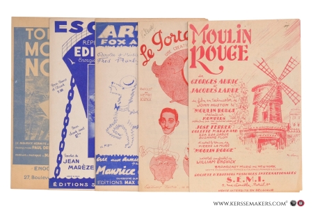 5 partititions musicales (chansons). Pt. format: 1) Maurice Hermite. Toi, moi, nous! L'ensorcelante mélodie chantée par Lise Florelly et Xavier Lemercier dans la ""Revue d'Amour" des folies bergères. Production Paul Derval. - 2) Jean Marèze (paroles), Marguerite Monnot (musique). Escale. Chanson. Répertoire Edith Piaf, enrégistré sur disque Polydor. - 3) Fred Pearly. Artur, fox à poil dur. Crée aux aimées et au Casino de Paris par Maurice Chevalier. Enrégistré sur disque. - 4) Henri Kubnick (paroles), Louis Gasté (musique). Le porte-bonheur. Une création de Jacques Helian. - 5) Georges Auric & Jacques Larue. Moulin rouge. (The song from Moulin Rouge). Paroles anglaises de William Engvick du film présenté par Romulus d'après le roman de Pierre la Mure. Broadcast music inc. New York. — Hermite, Maurice, Jean Marèze, Fred Pearly , Kubnick, George Auric et Jacques Larue